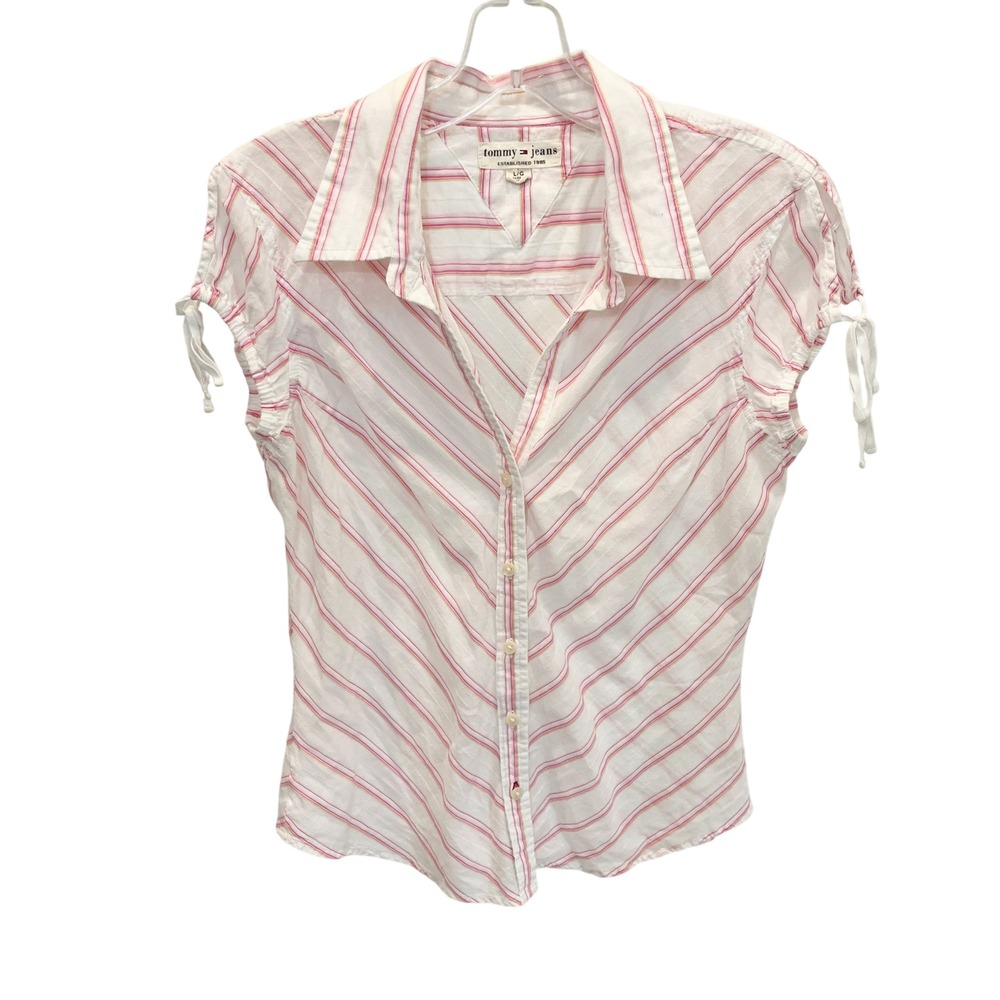 Tommy Jeans Hilfiger Pink White Striped Top Y2K Preppy Cap Sleeve - Size Large